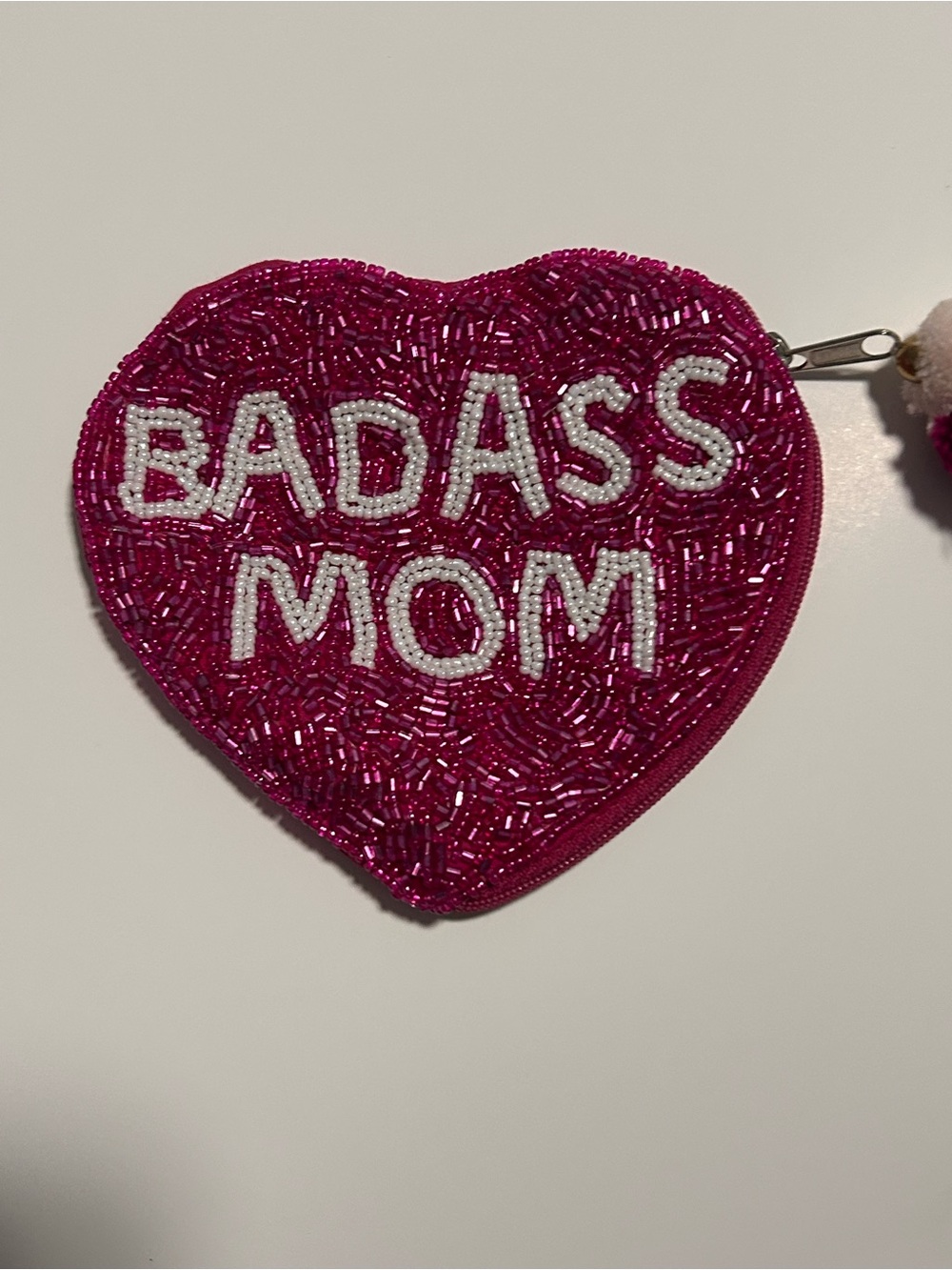 Badass Mom Heart Beaded Coin Purse - Pink